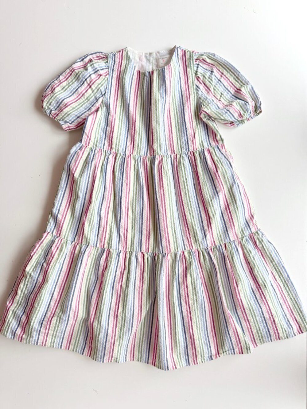 Girls' CREWCUTS J CREW Rainbow Striped Seersucker Tiered A-Line Dress, Size 8